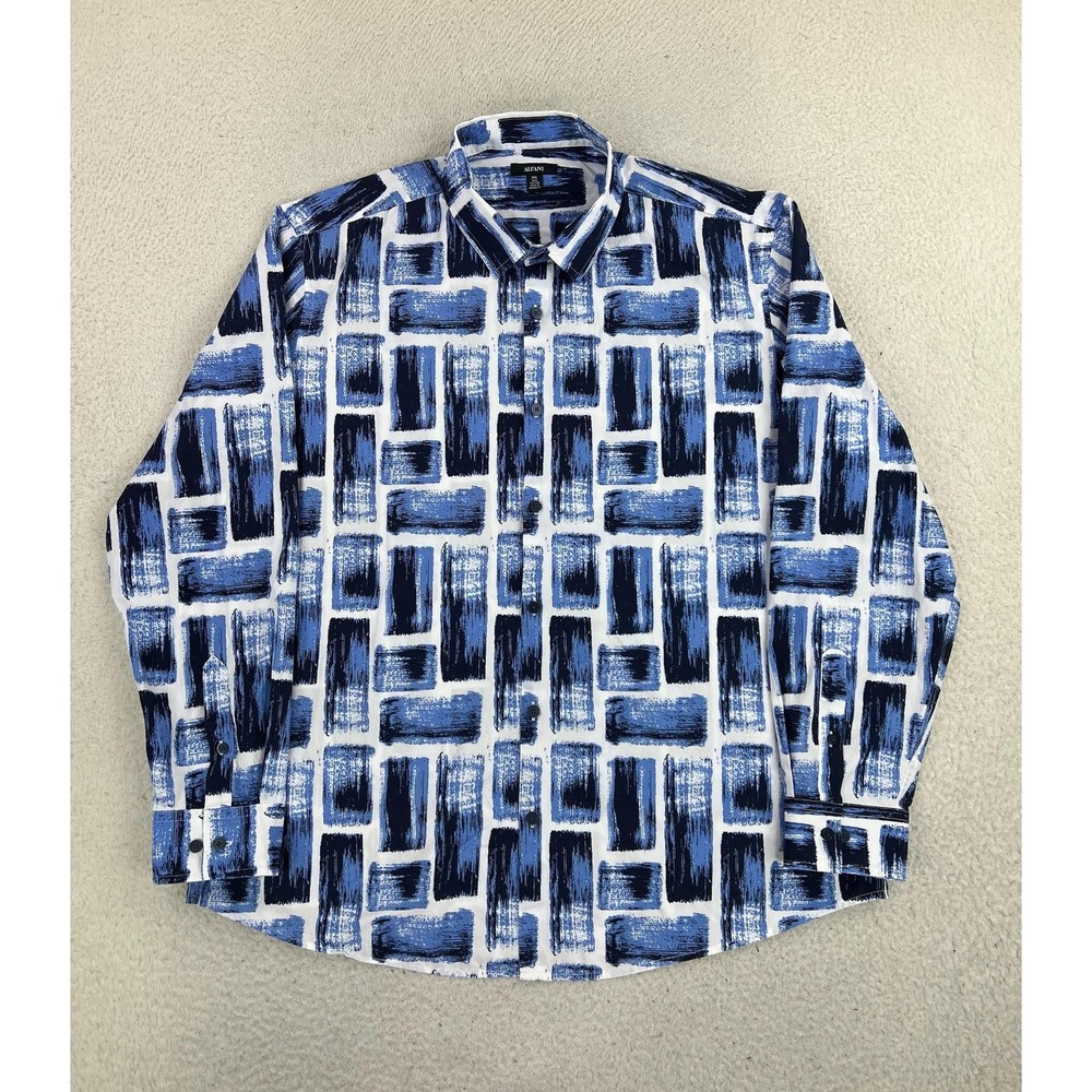 Alfani Shirt Mens 2XL Blue Geometric Cotton Long Sleeve Button Up Casual